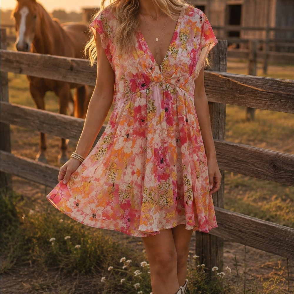 Free People Pink and Yellow Floral V-Neck Mini Dress